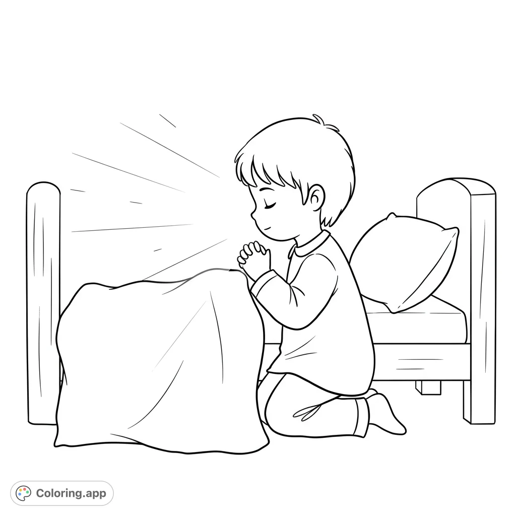A serene prayer coloring page featuring a young boy kneeling by his bed, hands clasped, eyes closed in peaceful devotion. Perfect for quiet reflection.
