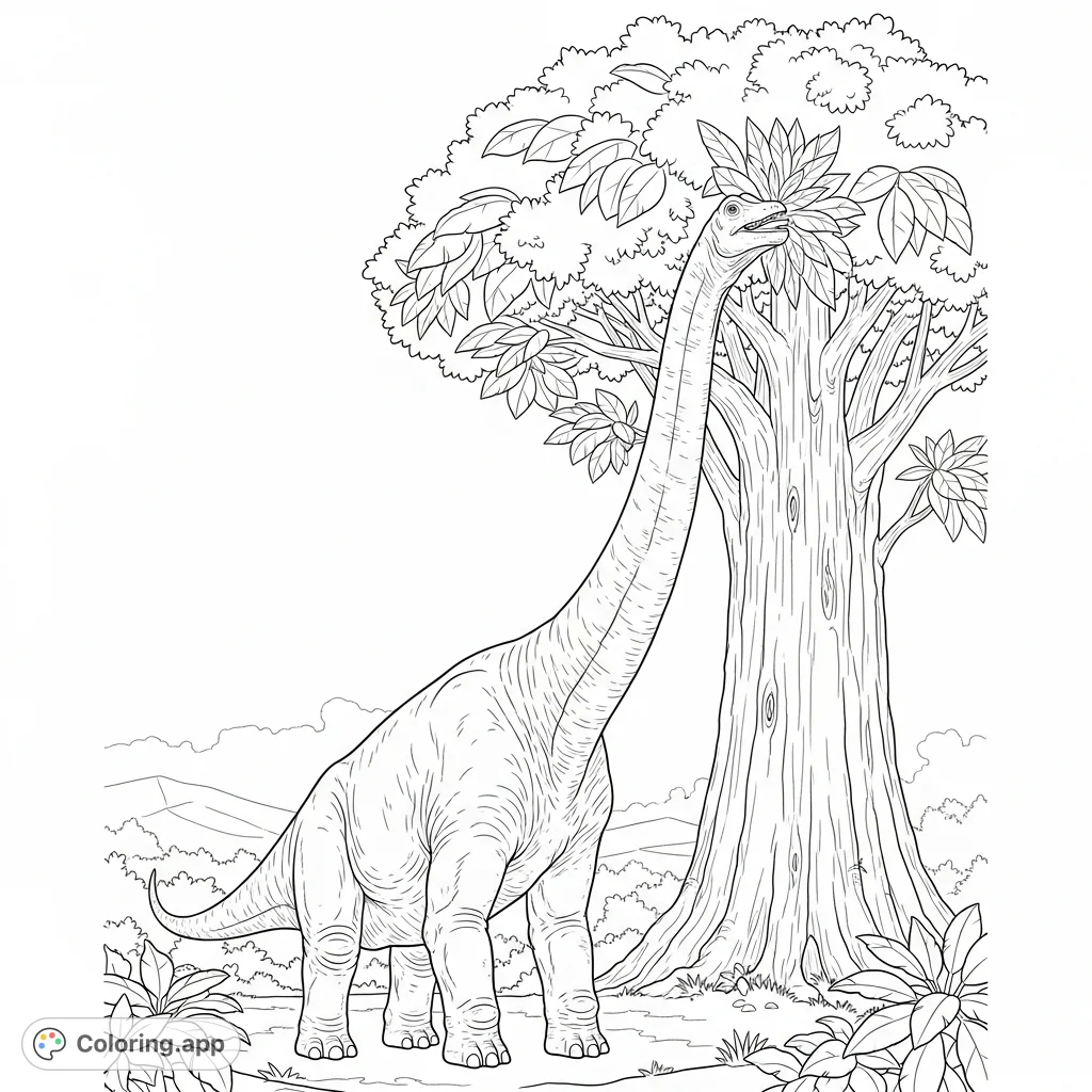 A magnificent brachiosaurus stretches its long neck to gently graze on the abundant leaves of a towering prehistoric tree, set in a lush landscape.