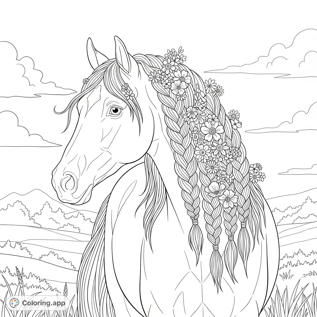 A graceful horse with an intricately braided mane adorned with delicate flowers stands in a serene meadow, offering a charming coloring experience.