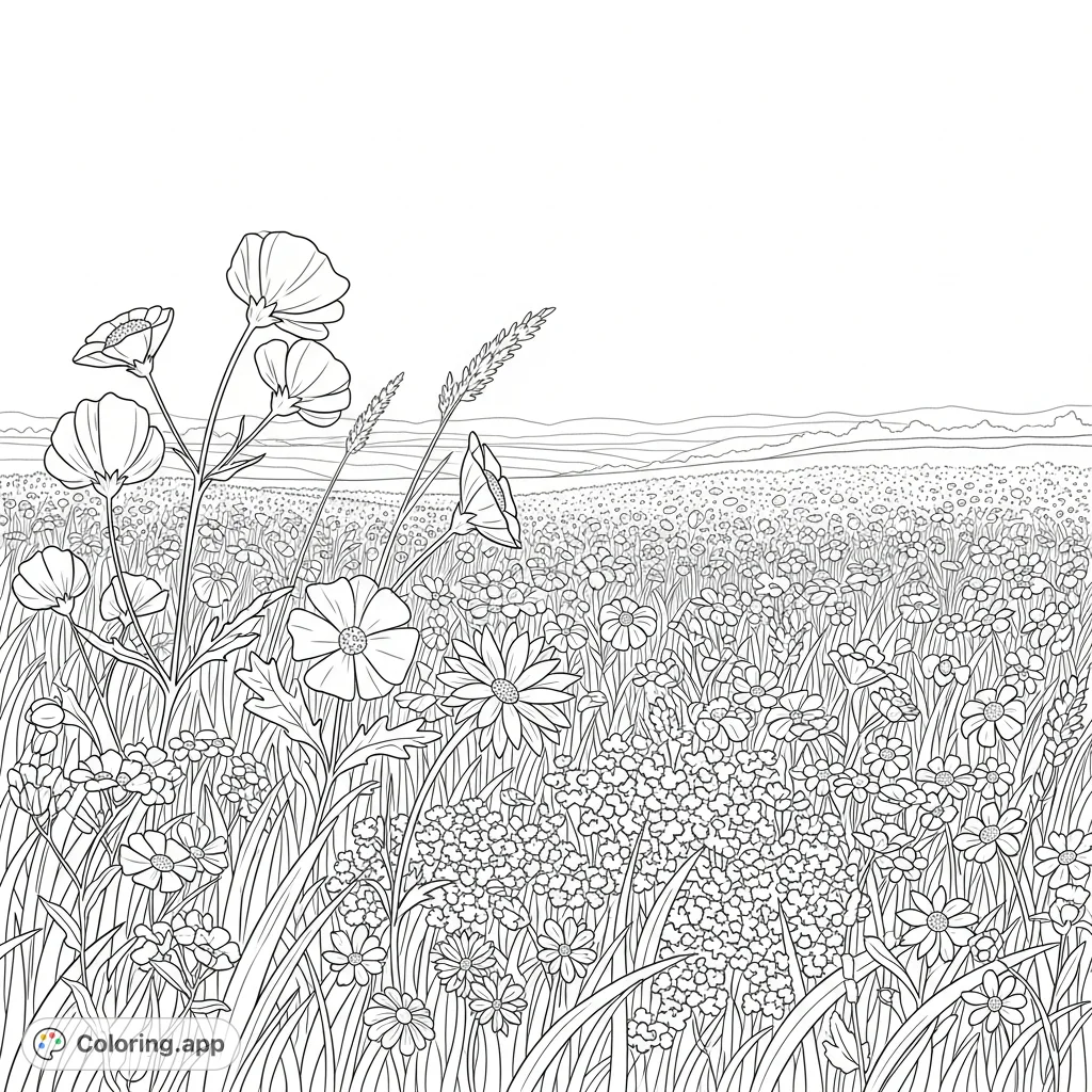 A beautiful coloring page featuring a vast field of diverse wildflowers and grasses swaying in a gentle breeze, set against a distant horizon and open sky. Perfect for nature lovers.