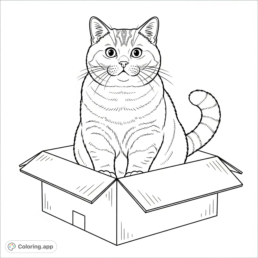 A charming British Shorthair cat sits contentedly in a simple cardboard box. Perfect for pet lovers and a relaxing coloring experience.