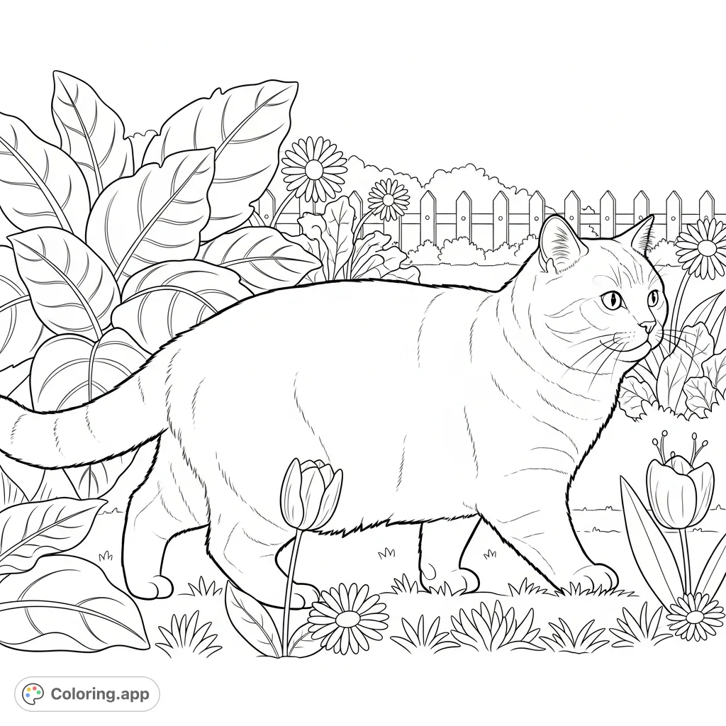A charming British Shorthair cat strolls through a simplified garden, surrounded by friendly plants and flowers, perfect for relaxed coloring fun.