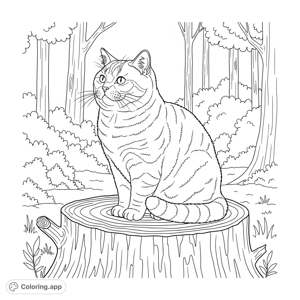 A charming British Shorthair cat sits regally on a textured tree stump, its dense fur detailed. A lightly sketched forest background provides a natural setting.