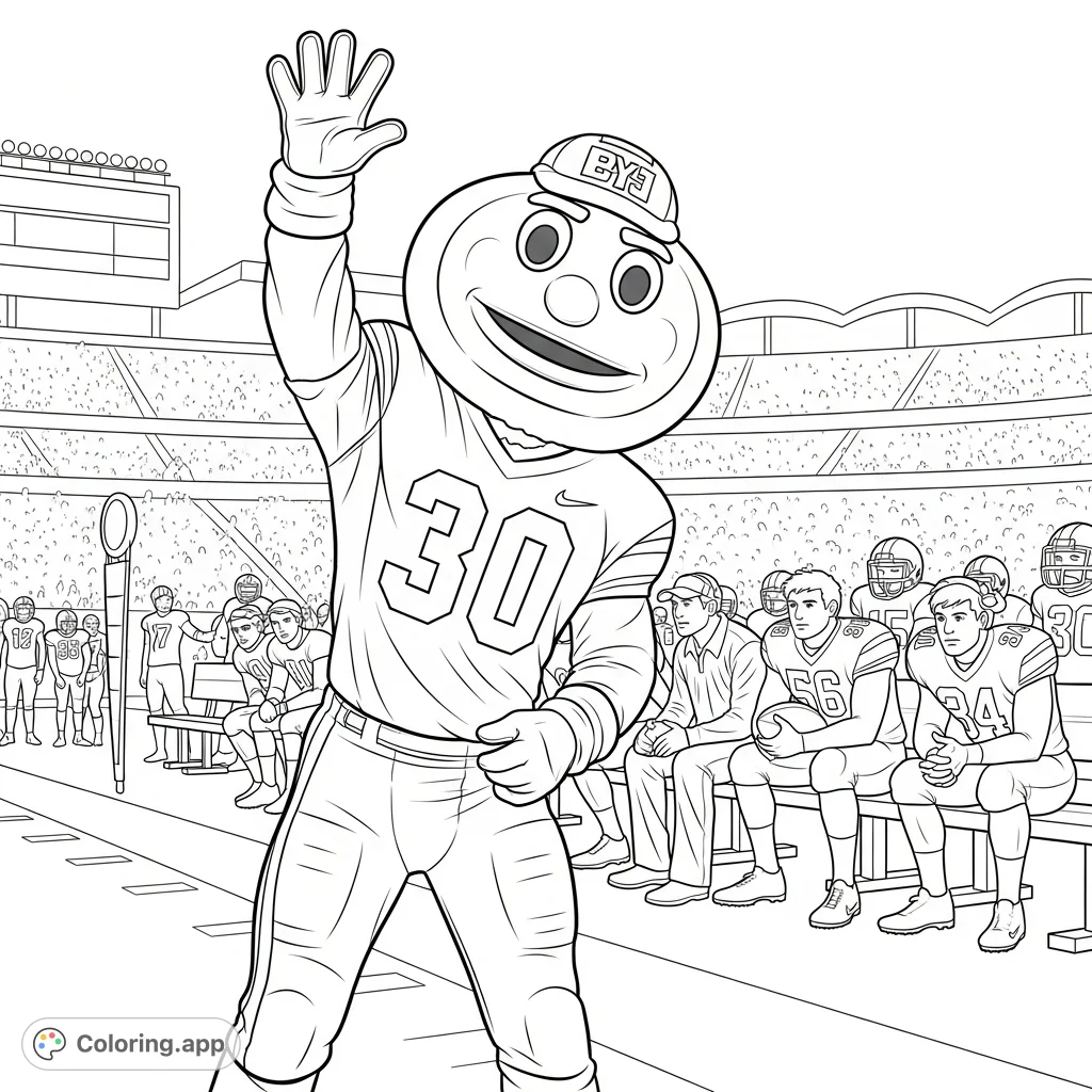 Brutus Buckeye cheers on the team from a lively football game sideline, waving to fans amidst coaches and players. A spirited sports scene.