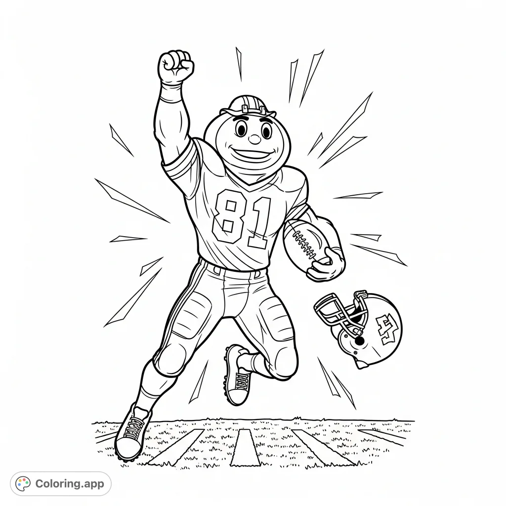 Brutus Buckeye leaps in triumph, a football clutched, helmet askew. Celebrate victory with this dynamic, free printable Brutus Buckeye coloring page for fans.
