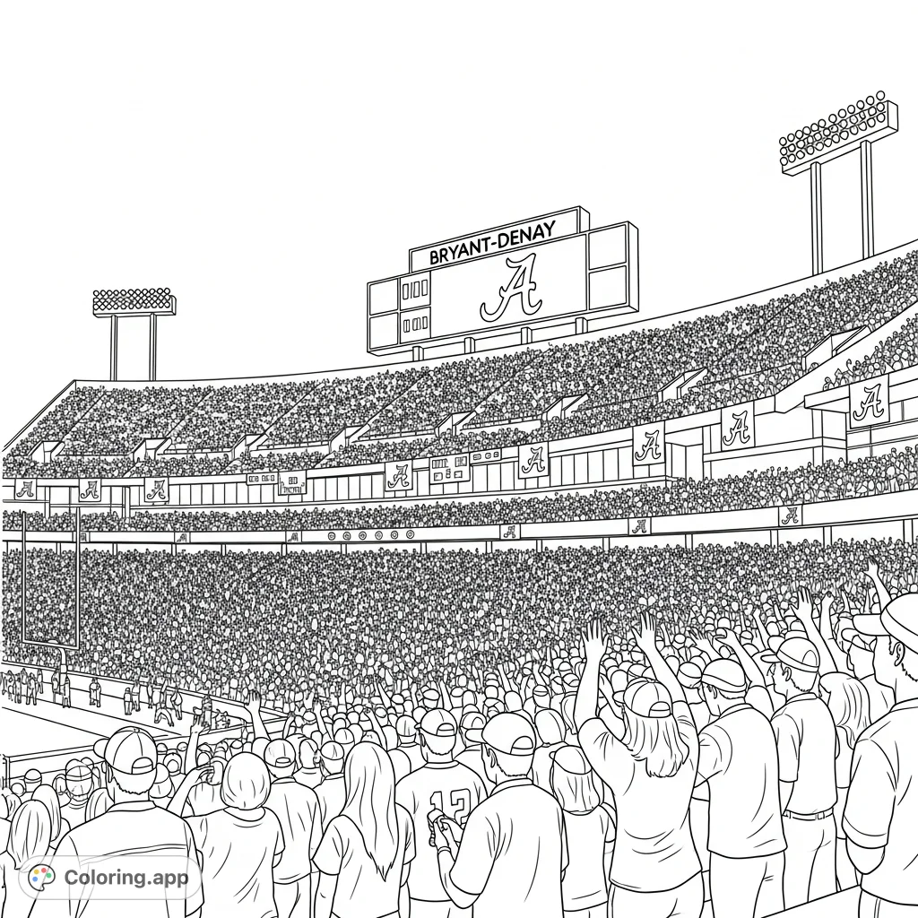 A vibrant Bryant-Denny Stadium scene with cheering fans, large scoreboards, and "A" logo banners, capturing the electric atmosphere of a game day.