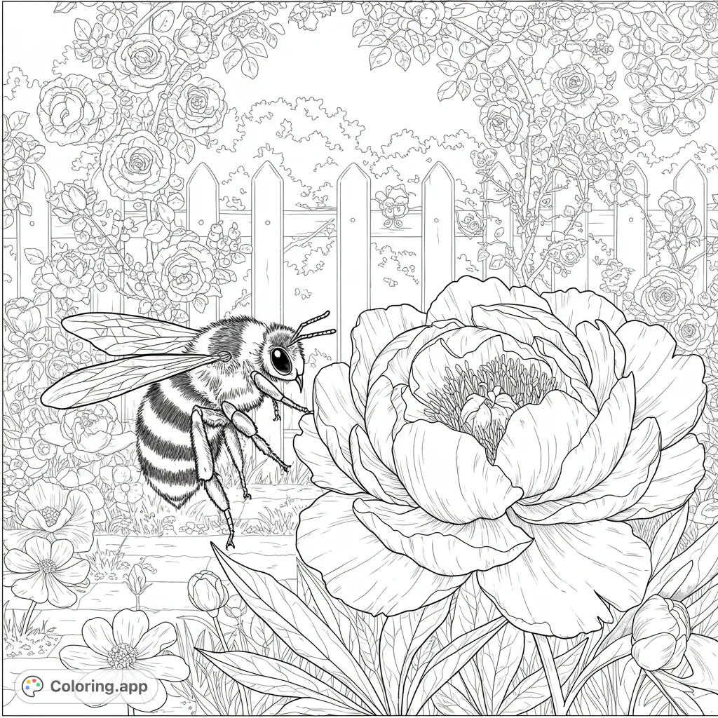 A charming garden scene featuring a fluffy bumblebee approaching a large, detailed peony flower, surrounded by a picket fence and blooming roses.