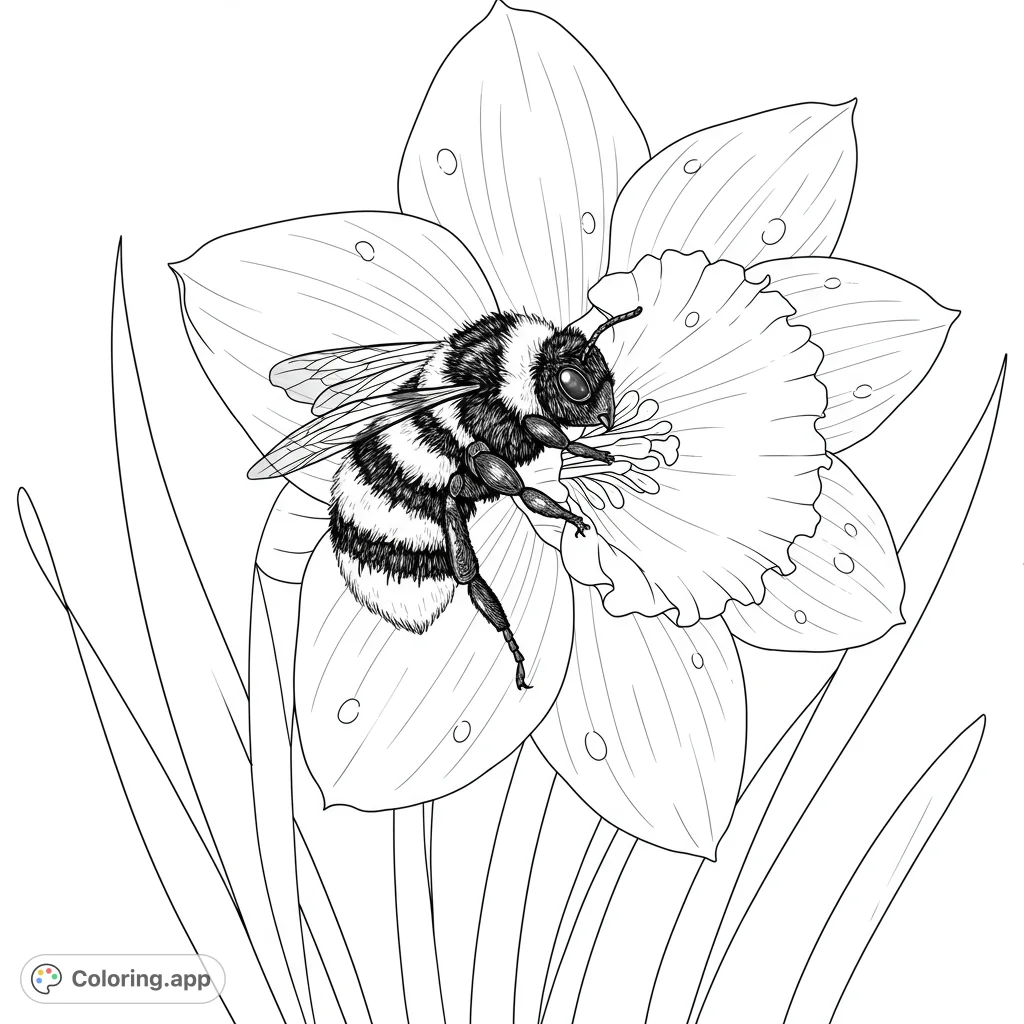 A charming bumblebee coloring page featuring a fuzzy bee on a vibrant daffodil, perfect for nature lovers and spring themes.