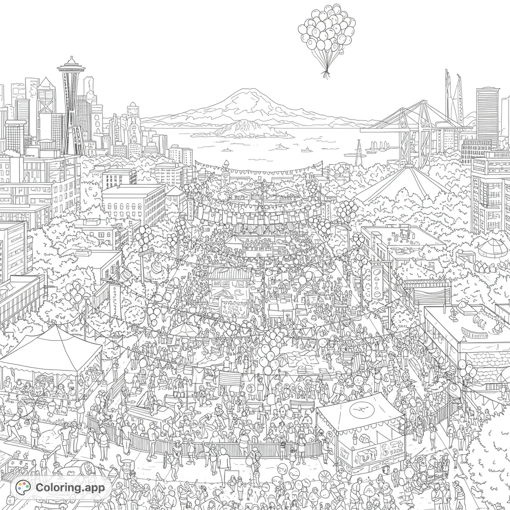 Immerse yourself in a bustling city festival coloring page, featuring a vibrant crowd, detailed urban skyline, and festive decorations. A free printable coloring page for all ages.