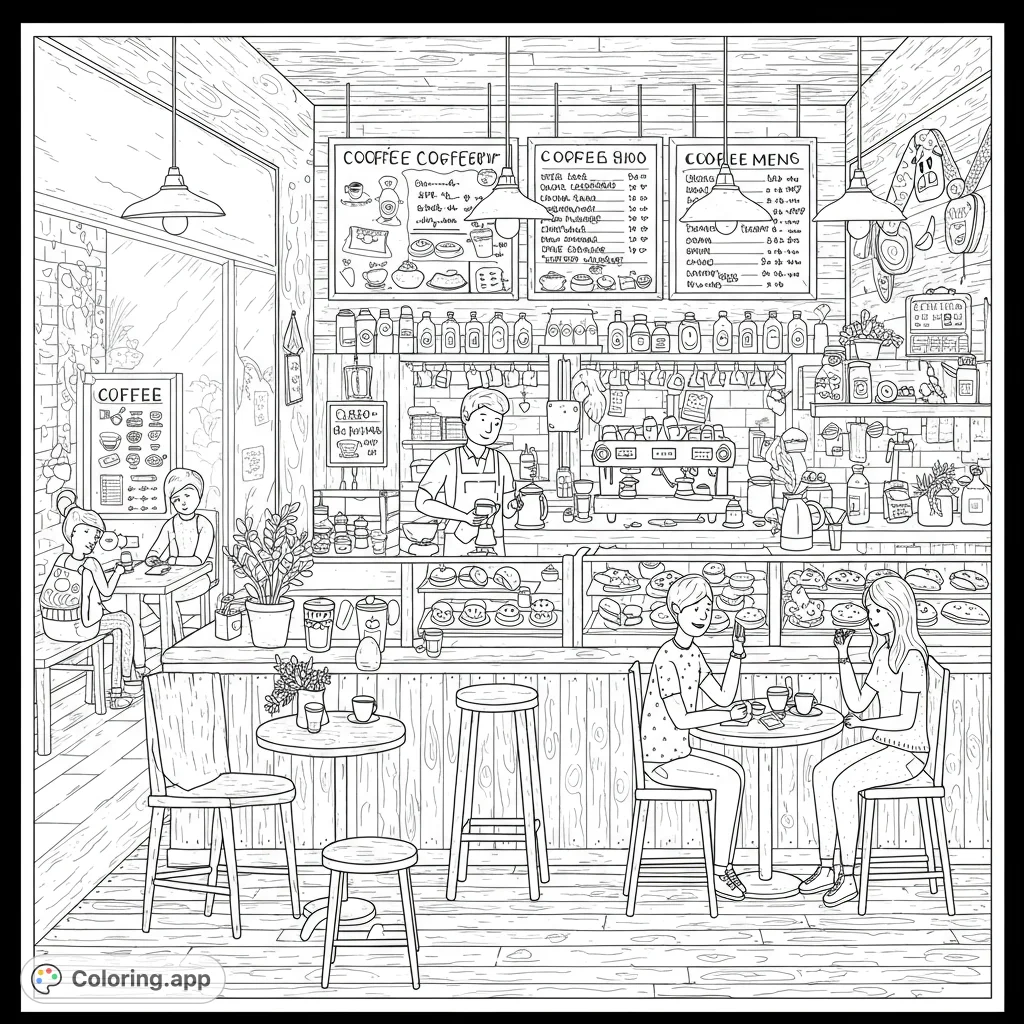 Step into a charming coffee shop coloring page, bustling with a barista, customers, and delightful details. A free printable coloring page for all ages.