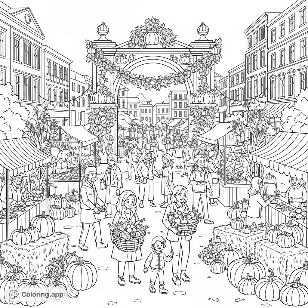 Immerse yourself in a lively harvest festival scene, featuring decorated stalls, abundant produce, and a festive archway in a bustling town square.