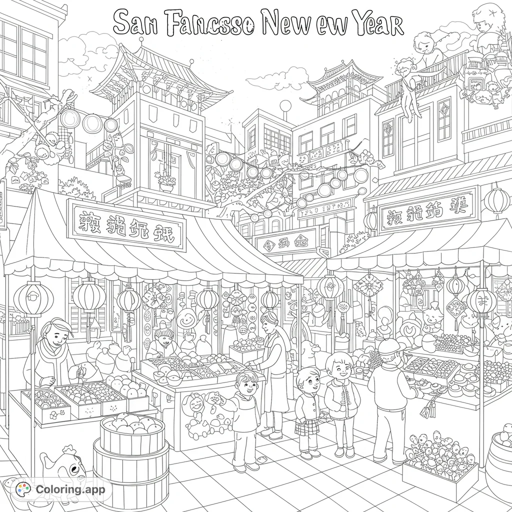 Immerse yourself in a vibrant street market scene, bustling with people, festive stalls, and traditional architecture, perfect for a cultural celebration coloring page.