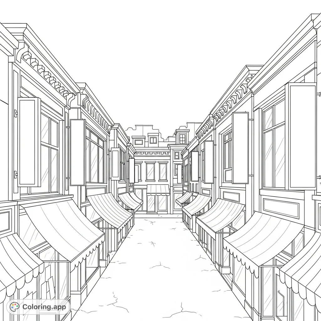 Explore a detailed urban shopping street with varied storefronts, unique awnings, and architectural features, set under an open sky.