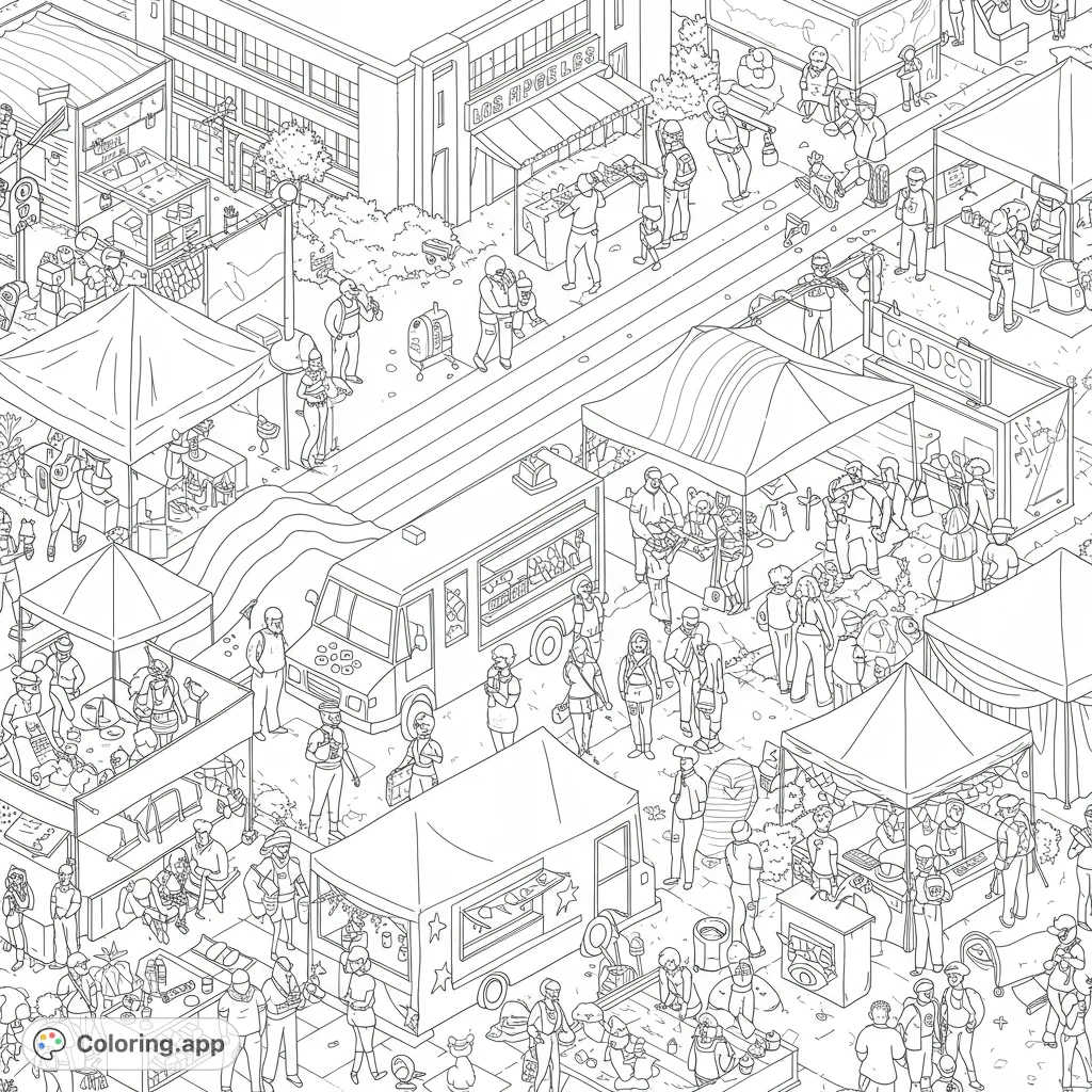 Immerse yourself in a vibrant street market coloring page, bustling with diverse crowds, food trucks, and detailed vendor stalls. A free printable coloring page for all ages.