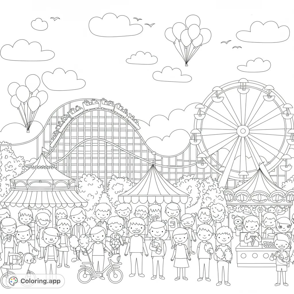 Dive into a lively amusement park scene featuring a bustling crowd, thrilling roller coaster, majestic Ferris wheel, and festive carnival tents, perfect for a fun coloring adventure.