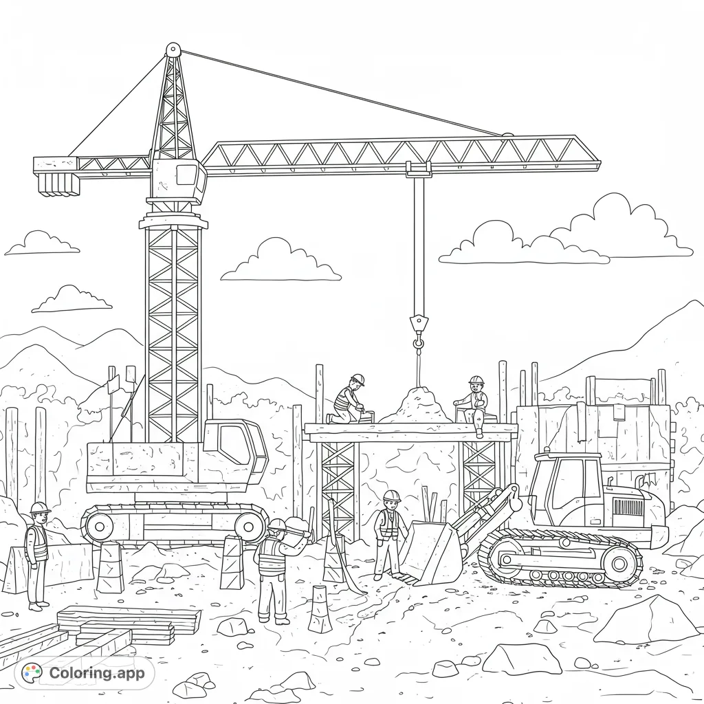 Explore a dynamic construction site coloring page featuring a towering crane, excavator, and busy workers. A free printable coloring page for kids and adults.