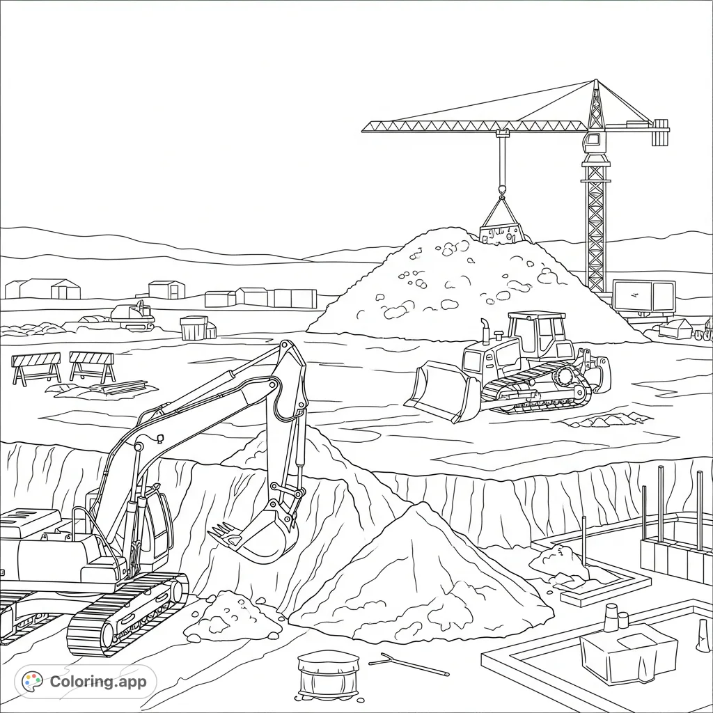 Explore a dynamic construction site. This coloring page features simplified silhouettes of an excavator, bulldozer, and crane, amidst an active building area.