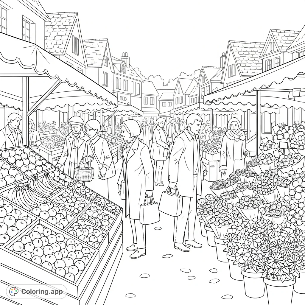 Explore a lively village market with bustling stalls overflowing with fresh fruits and vibrant flowers under simplified awnings. Shoppers browse in a charming town square.