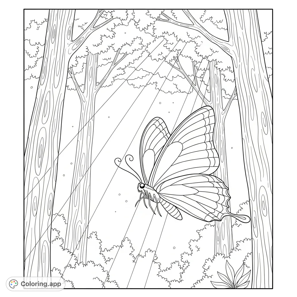 A beautiful butterfly gracefully flutters through a forest, where bright sunbeams cut through the dense canopy, illuminating the air and intricate tree textures.