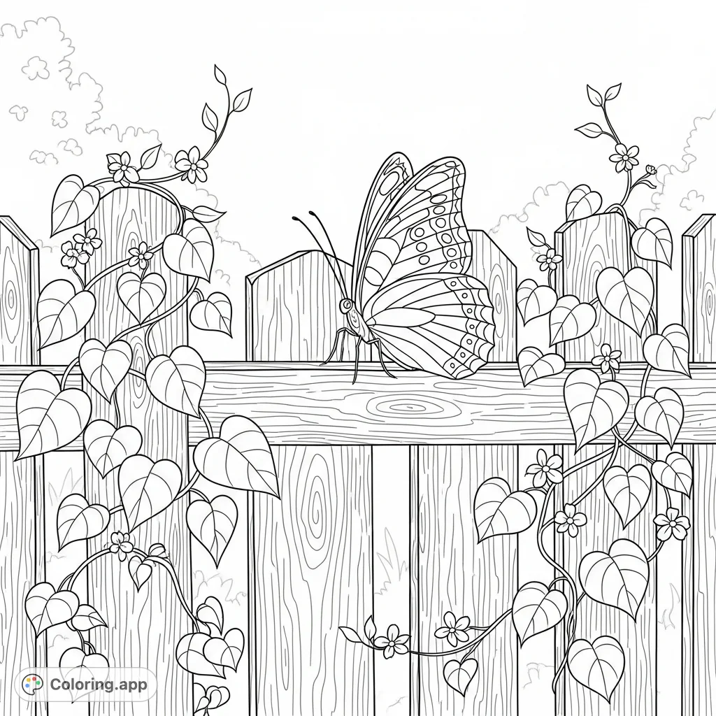 A delicate butterfly with patterned wings rests on a rustic garden fence, adorned with lush vines and small blossoms. A serene scene of natural beauty.