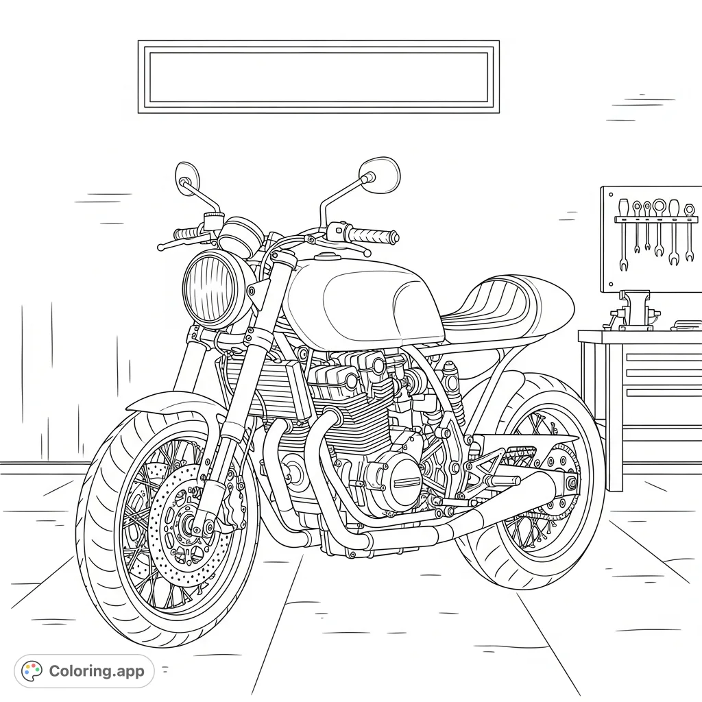 Detailed cafe-racer inspired sport motorcycle with clip-on bars set against a minimalist garage backdrop, perfect for motor enthusiasts.