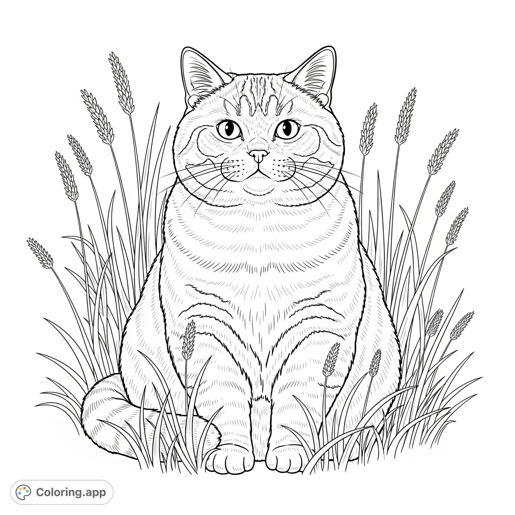 A serene British Shorthair cat with a rounded body sits peacefully amidst tall grass. A delightful coloring page for cat lovers.