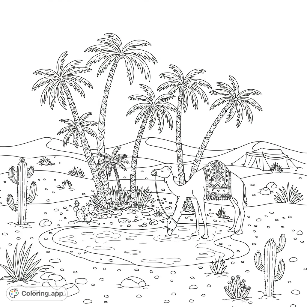 A serene desert oasis coloring page featuring a camel drinking from a clear pond, surrounded by tall palm trees and various cacti.