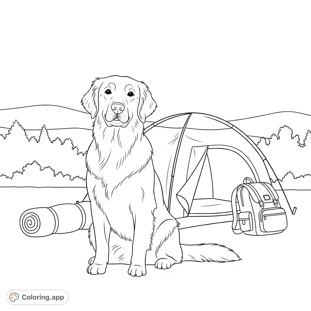 A charming coloring page featuring a proud golden retriever in front of a cozy tent with simplified camping gear, set against a peaceful nature background.