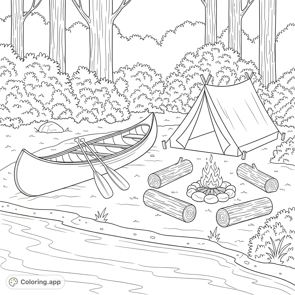 A peaceful lakeside campsite scene featuring a canoe pulled ashore with paddles resting nearby. Includes a tent, campfire, and natural surroundings.