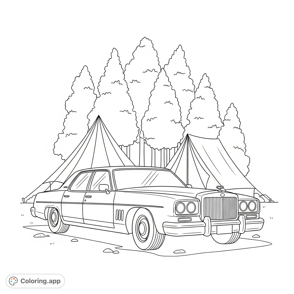 A classic cruiser automobile nestled in a peaceful campsite, flanked by simple tents and stylized trees, perfect for a relaxing coloring escape.
