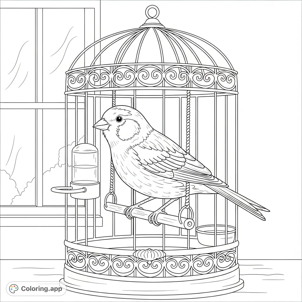 A detailed coloring page featuring a small canary perched on a swing inside an ornate cage, with a subtle background, inviting intricate coloring.