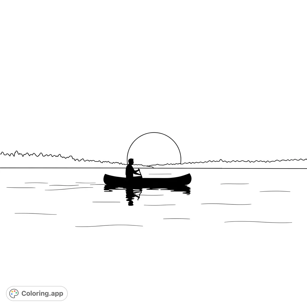 Experience tranquil moments with this serene canoe sunset coloring page. A lone paddler glides on calm waters under a setting sun.