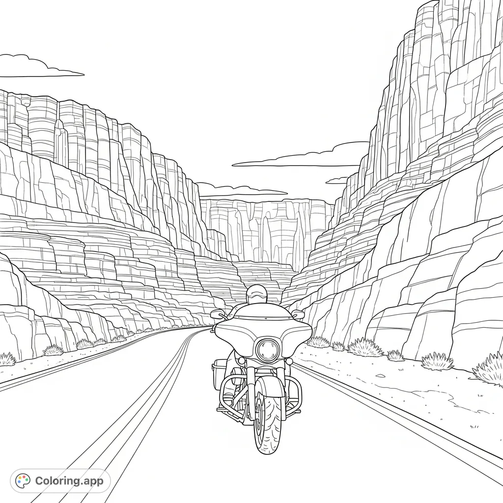 Experience the open road with this canyon cruiser coloring page, featuring a motorcycle and rider against towering rock formations under an expansive sky.