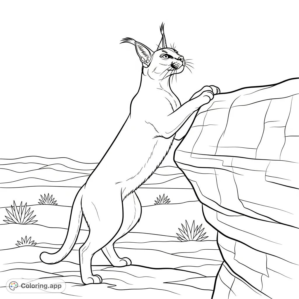 A majestic caracal with prominent ear tufts is shown climbing a textured rock ledge. The scene features a clean, simple desert landscape in the background.