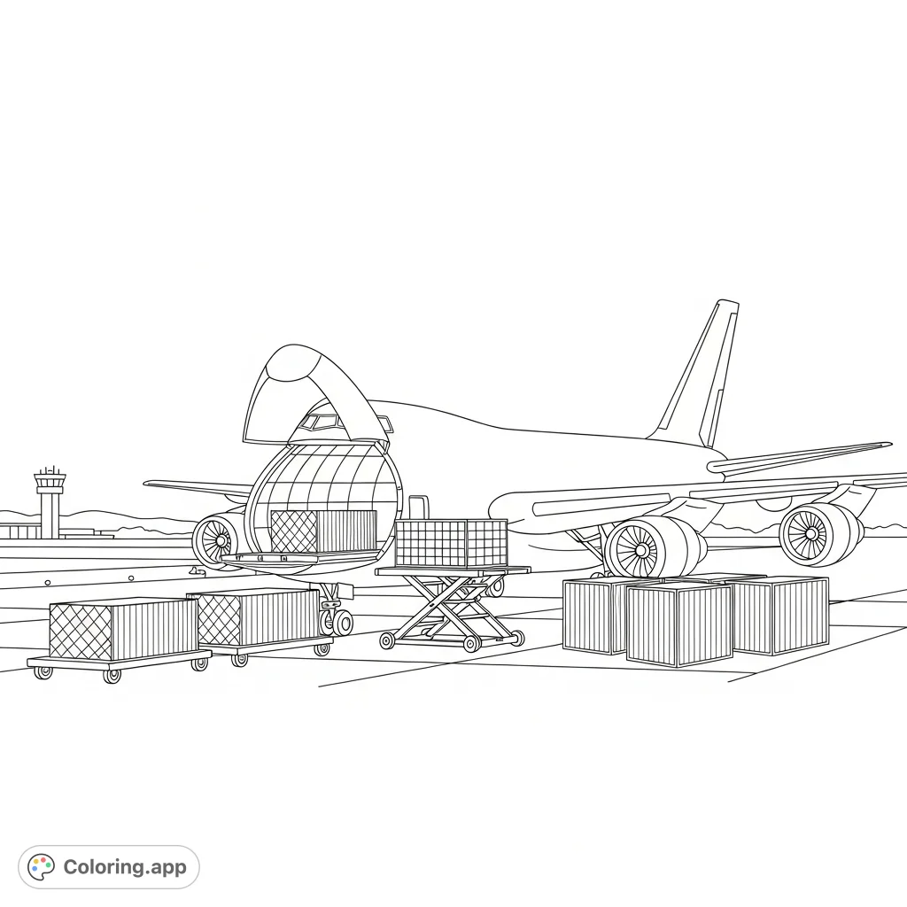 A detailed coloring page featuring a large cargo jet on an airfield, its door open for loading simplified containers, with a distant control tower.