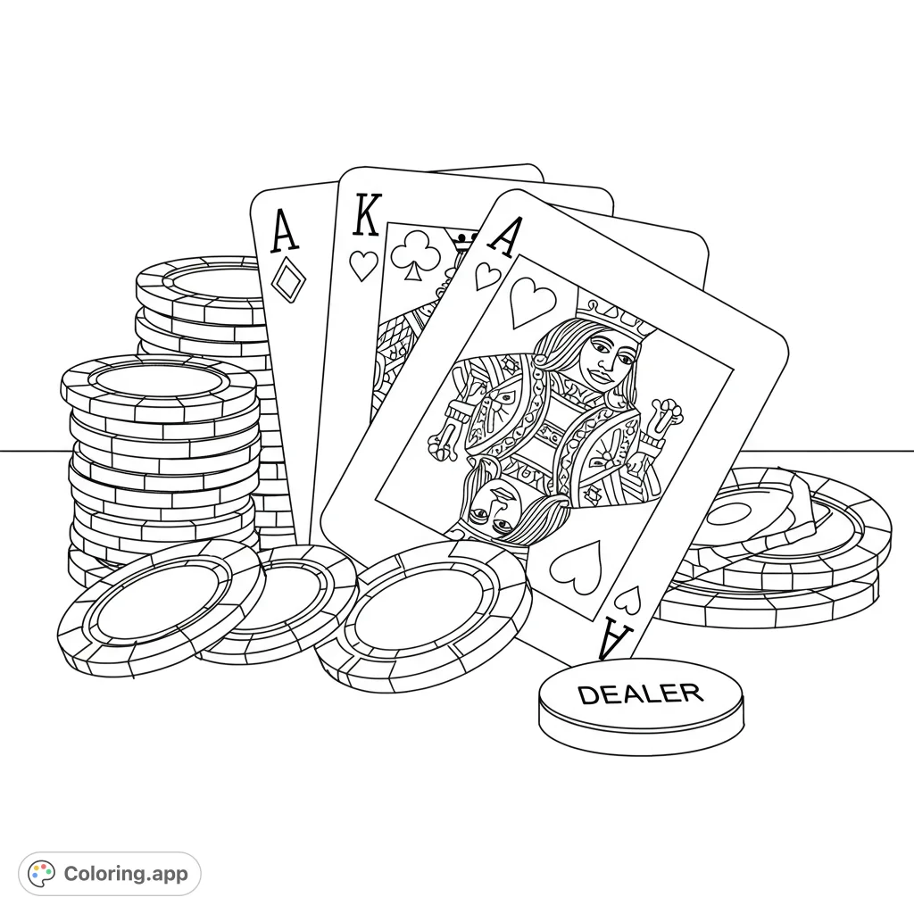 A thrilling casino coloring page featuring fanned playing cards, stacks of poker chips, and a dealer button, perfect for game night fun.
