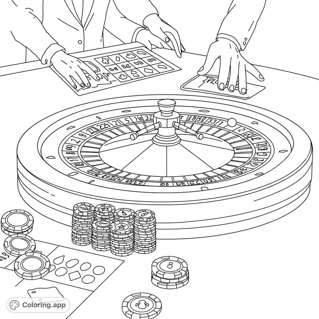 Immerse yourself in the thrill of the casino with this detailed roulette table coloring page, featuring a spinning wheel, chips, and player hands.
