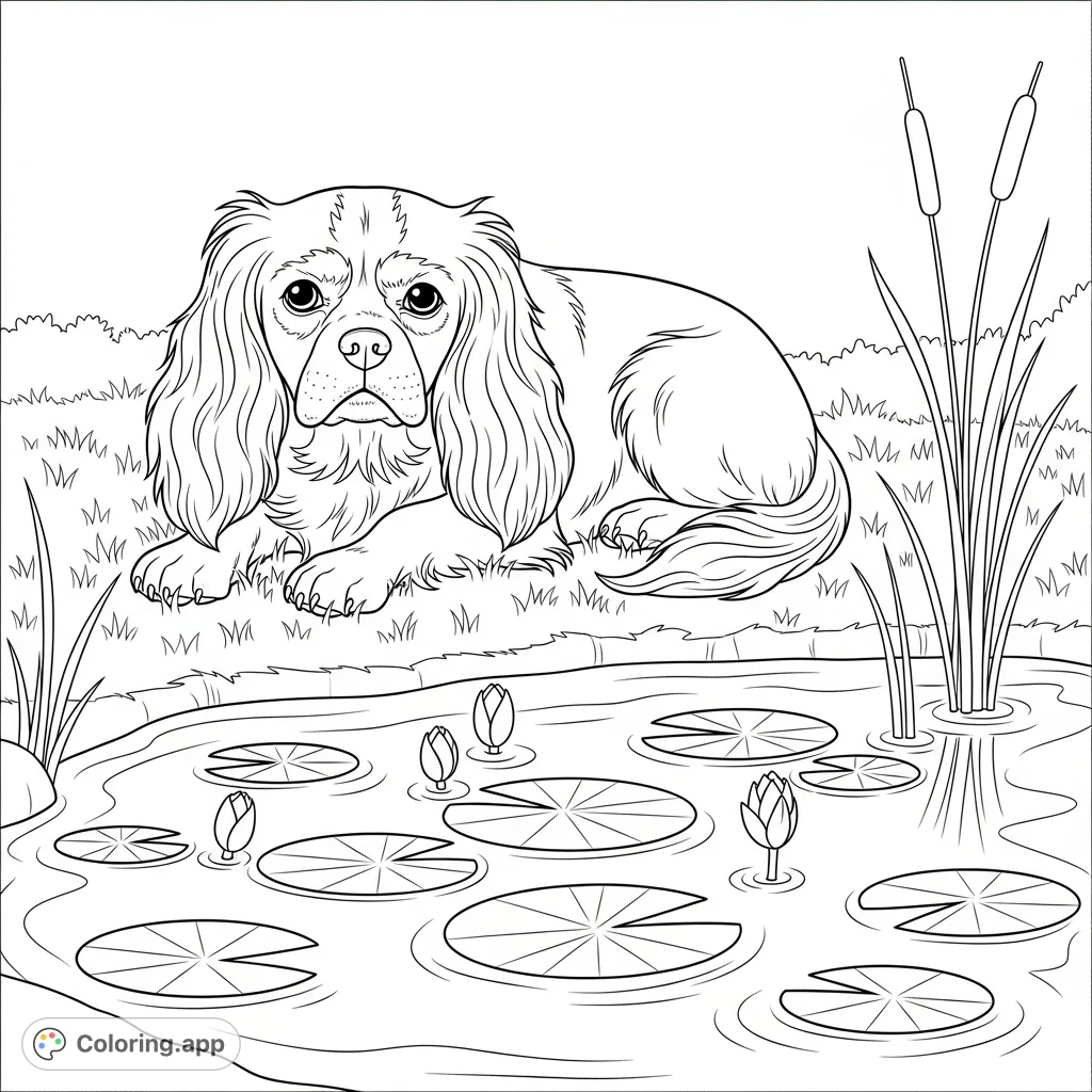 A charming Cavalier King Charles Spaniel rests peacefully beside a tranquil pond adorned with elegant lily pads, inviting a serene and detailed coloring experience.