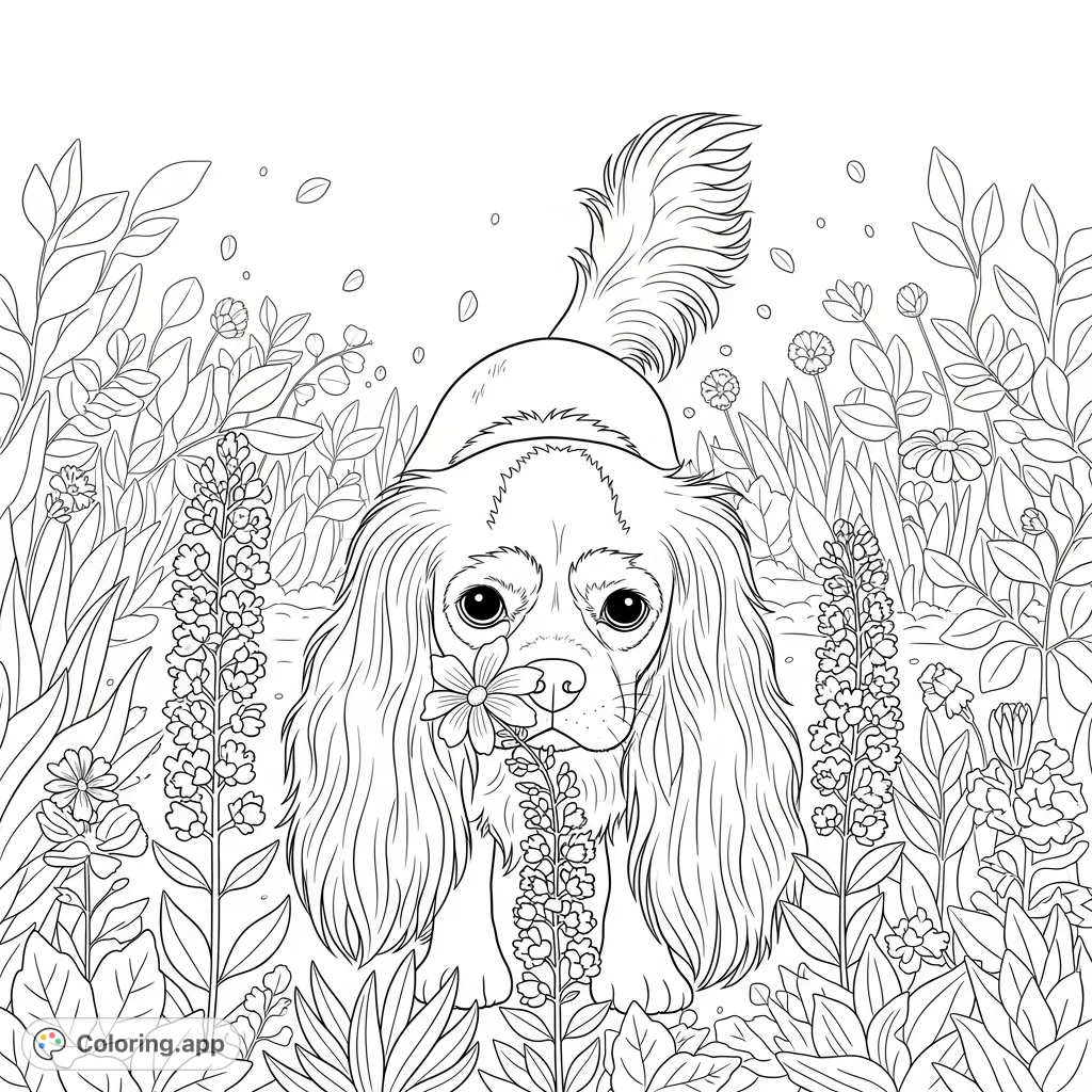 A delightful coloring page featuring a Cavalier King Charles Spaniel exploring a vibrant flower garden, with its ears gently touching petals.