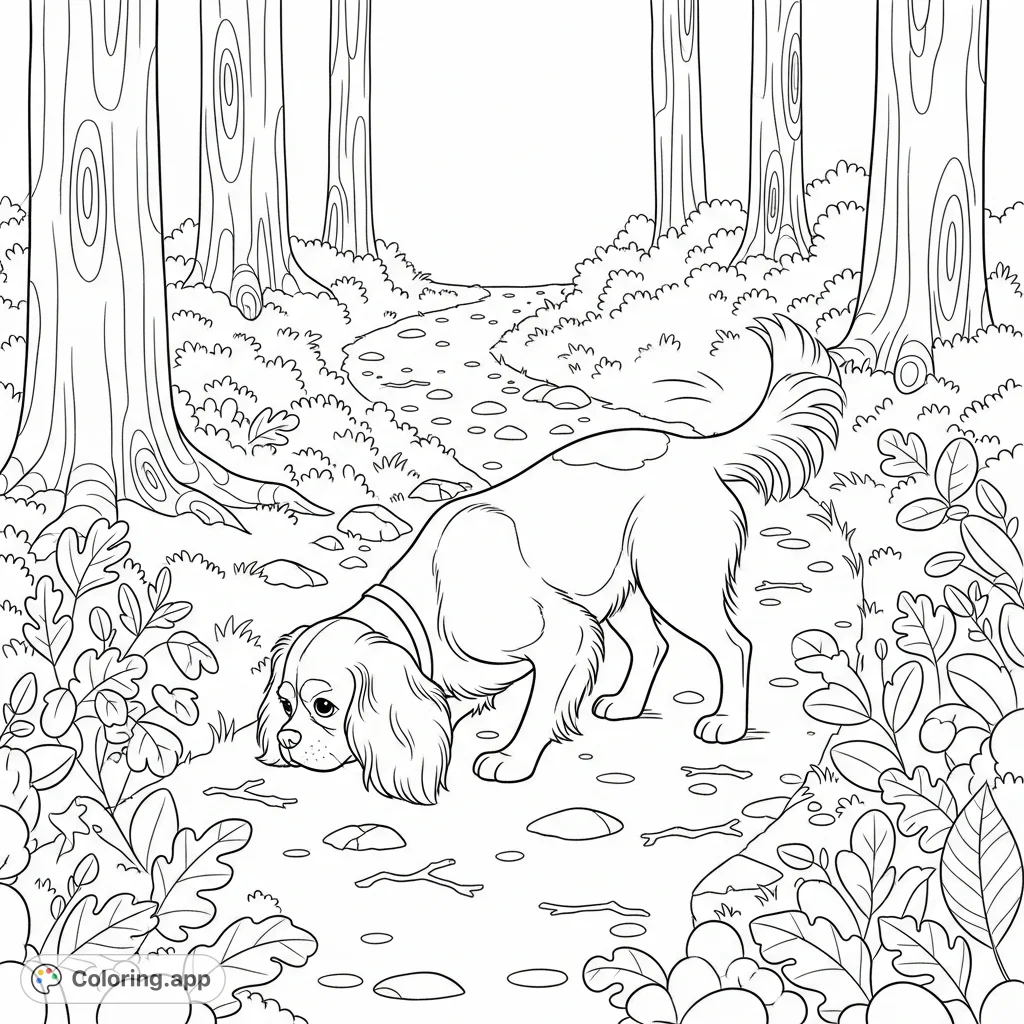 A charming Cavalier King Charles Spaniel explores a forest trail, head down, sniffing simplified leaves and twigs in a peaceful woodland setting.