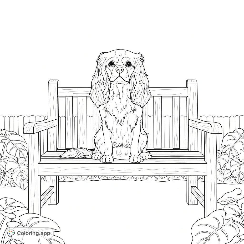 A charming Cavalier King Charles Spaniel sits serenely on a rustic wooden garden bench amidst a subtly detailed garden backdrop, perfect for pet lovers.