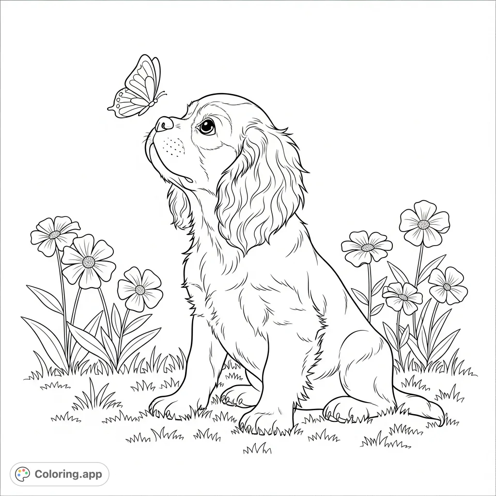 A delightful coloring page featuring a Cavalier puppy playfully interacting with a butterfly amidst a field of simple, charming flowers. Perfect for all ages!