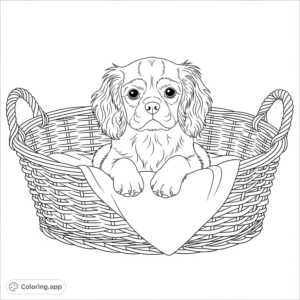 An adorable Cavalier puppy sits comfortably inside a wicker basket with simplified weaving, featuring a fluffy tail and large, gentle eyes.