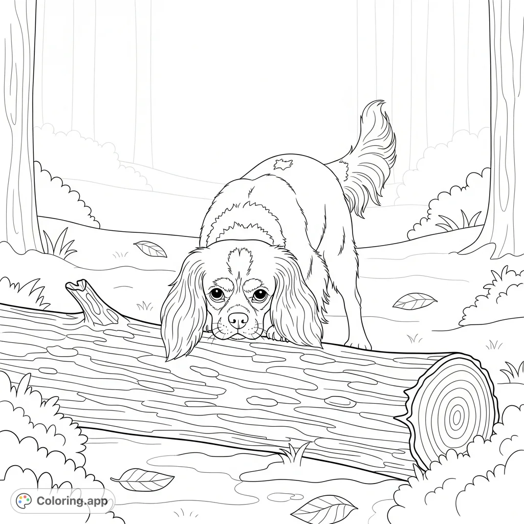 A charming Cavalier King Charles Spaniel explores a textured fallen log on a simplified forest floor, inviting a peaceful and detailed coloring experience for all ages.