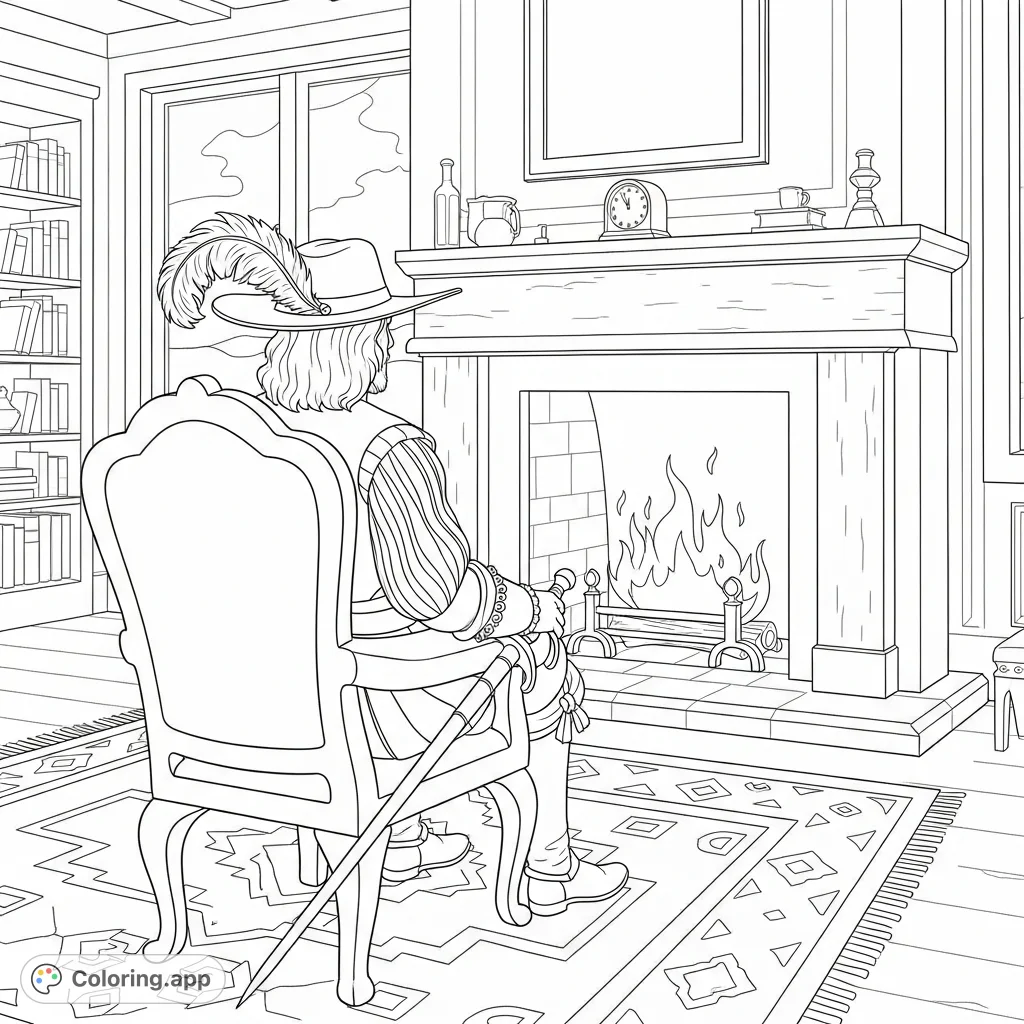 A detailed coloring page featuring a Cavalier gentleman in an ornate armchair by a grand fireplace, surrounded by cozy historical interior details.