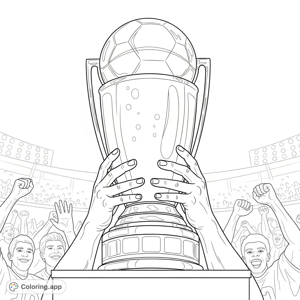 Capture the thrill of victory with this championship trophy coloring page. Features strong hands lifting the gleaming award amidst a celebratory team backdrop.