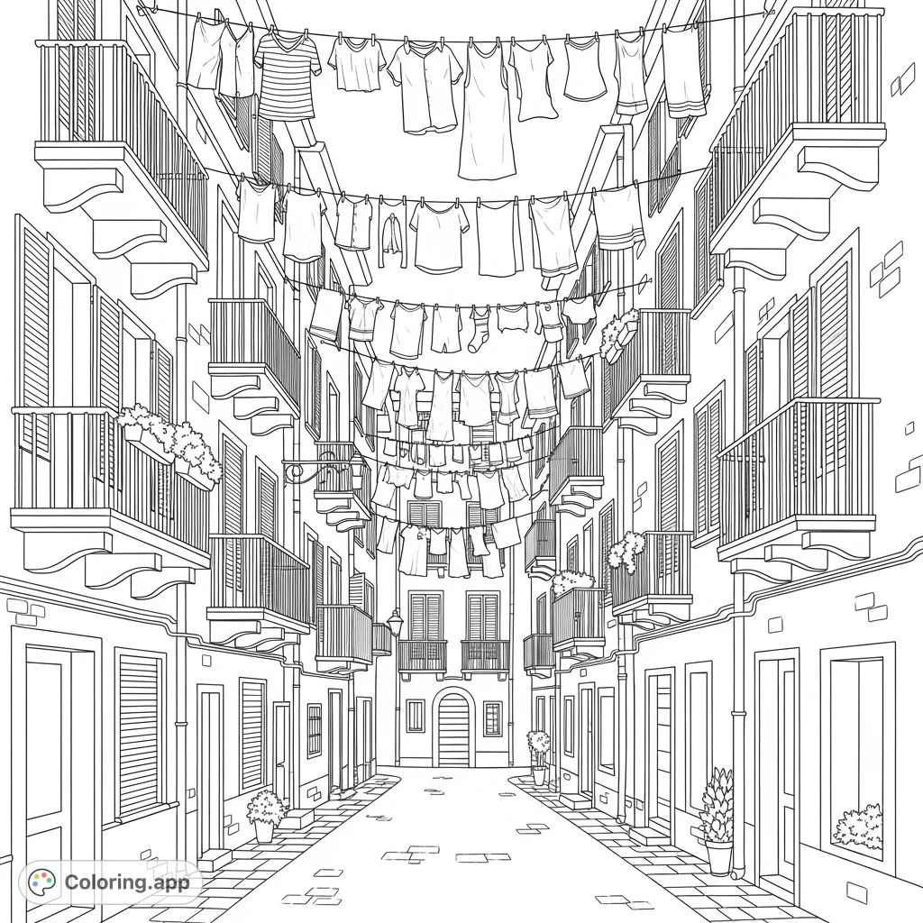 Explore a detailed coloring page featuring a charming narrow alleyway, lined with buildings showcasing balconies, windows with shutters, and laundry hanging overhead.
