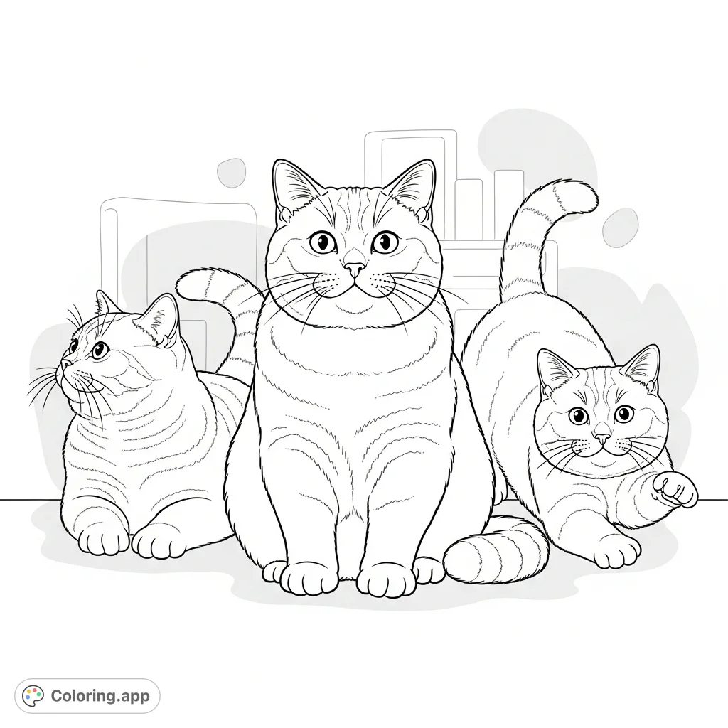A delightful coloring page featuring three British Shorthair cats in various charming poses within a subtle, inviting indoor setting. Perfect for cat lovers!