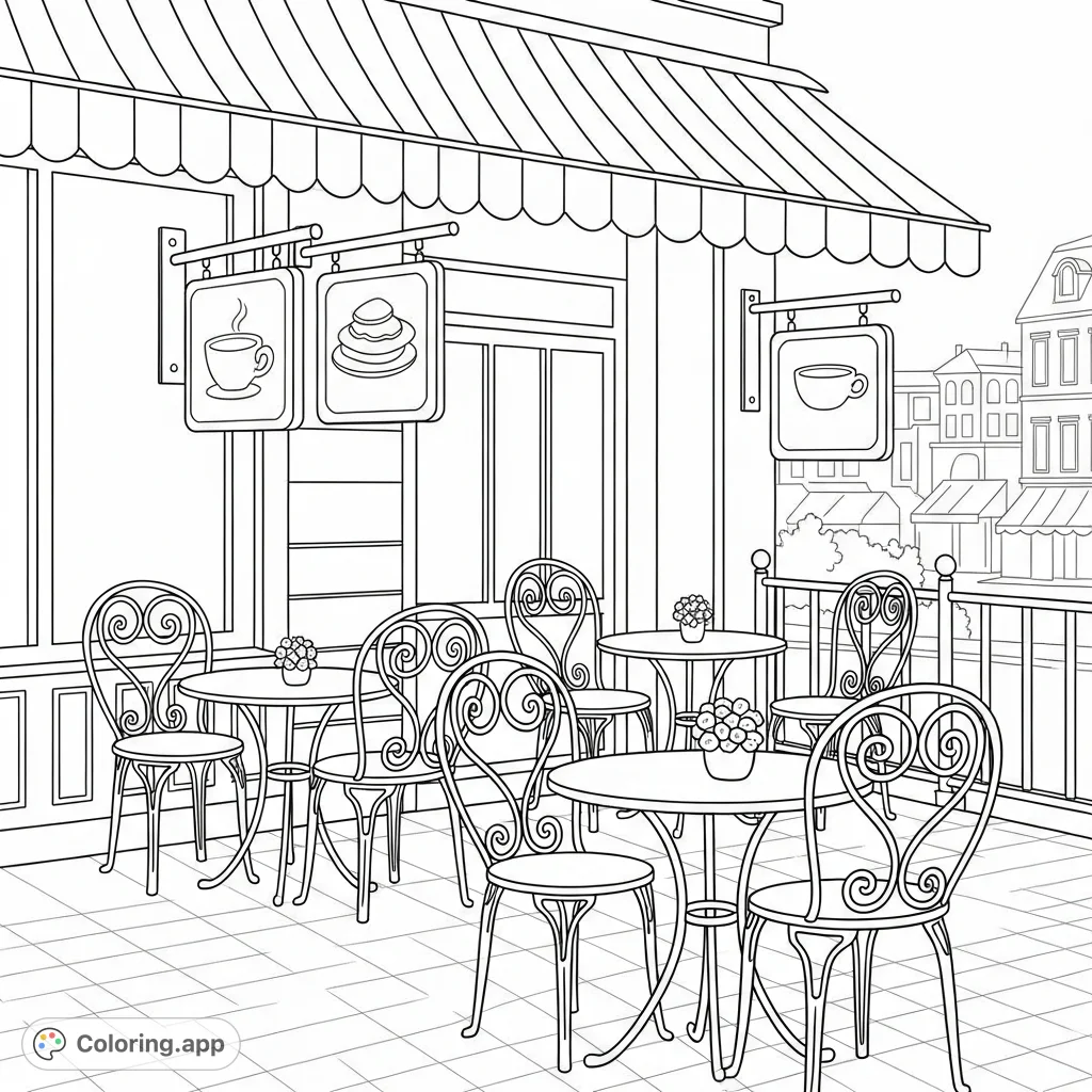 A delightful coloring page featuring a cozy café terrace with intricate wrought-iron chairs, simplified signs, and a charming street view.