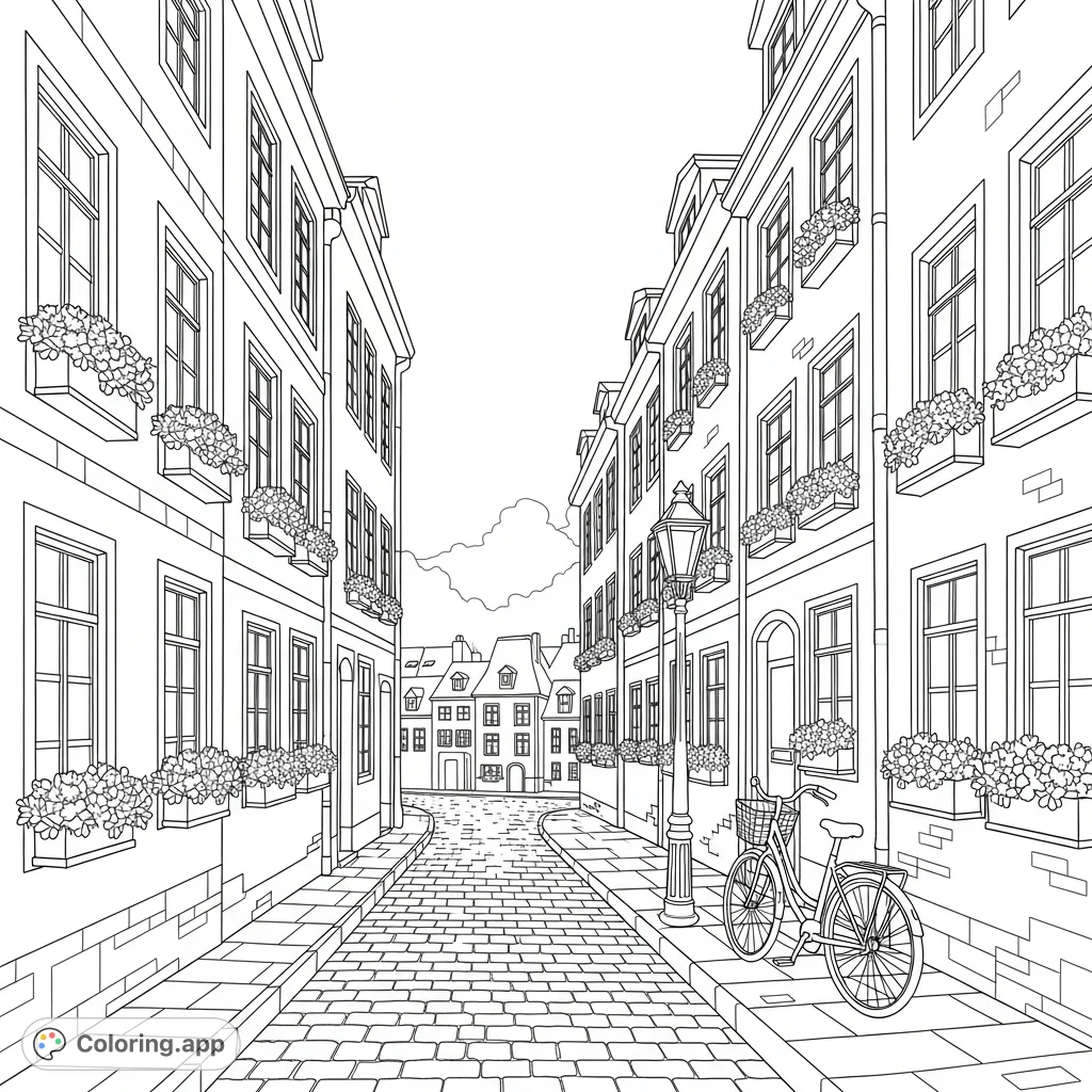 Immerse yourself in a picturesque European cobblestone street scene featuring quaint buildings, lush window flower boxes, and a charming bicycle.
